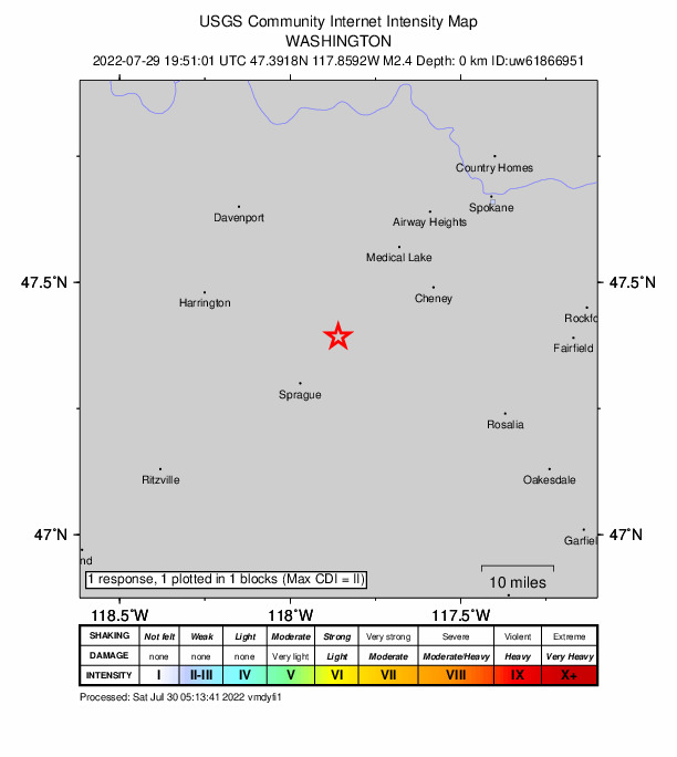 USGS DYFI community-reported intensity map for the M2.4 earthquake near 13 km NE of Sprague, Washington