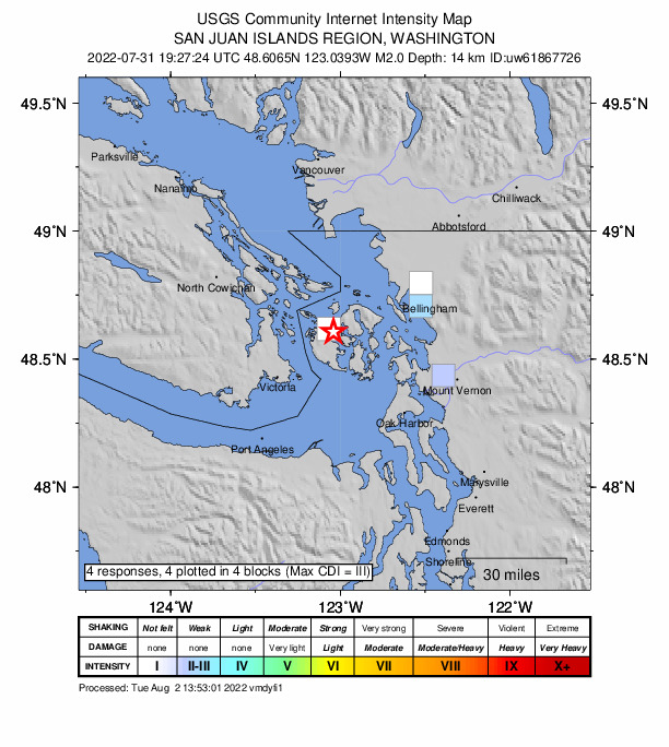 USGS DYFI community-reported intensity map for the M2.0 earthquake near 6 km W of Orcas, Washington
