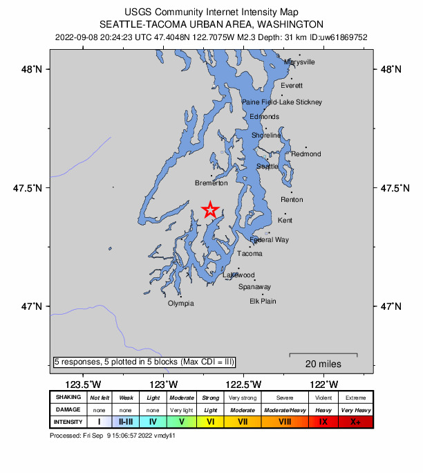 USGS DYFI community-reported intensity map for the M2.3 earthquake near 5 km WNW of Wauna, Washington