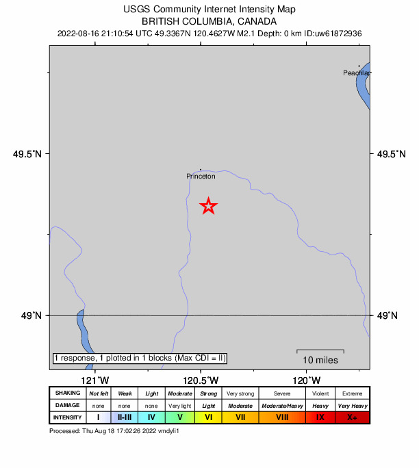 USGS DYFI community-reported intensity map for the M2.1 earthquake near 13 km SSE of Princeton, Canada