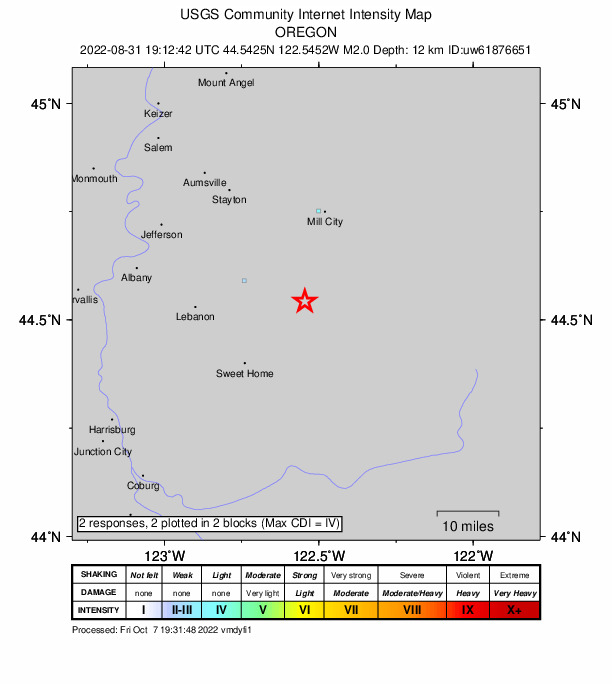 USGS DYFI community-reported intensity map for the M2.0 earthquake near 16 km ESE of Lacomb, Oregon