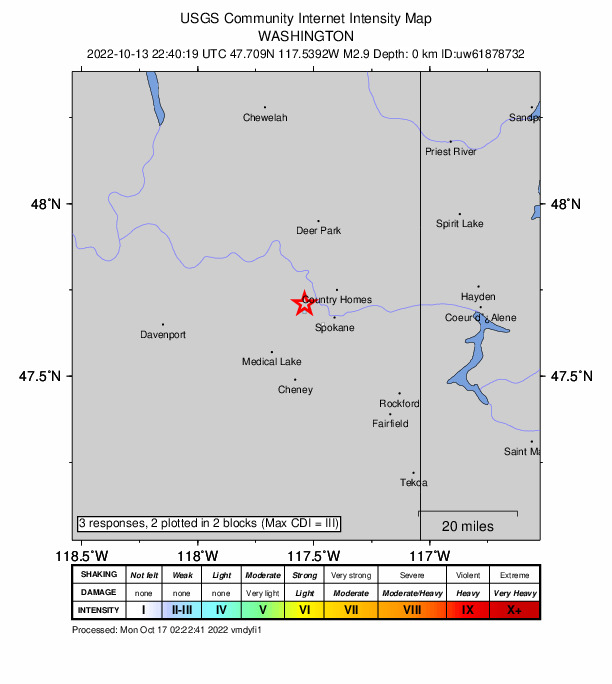USGS DYFI community-reported intensity map for the M2.9 earthquake near 8 km NNE of Airway Heights, Washington
