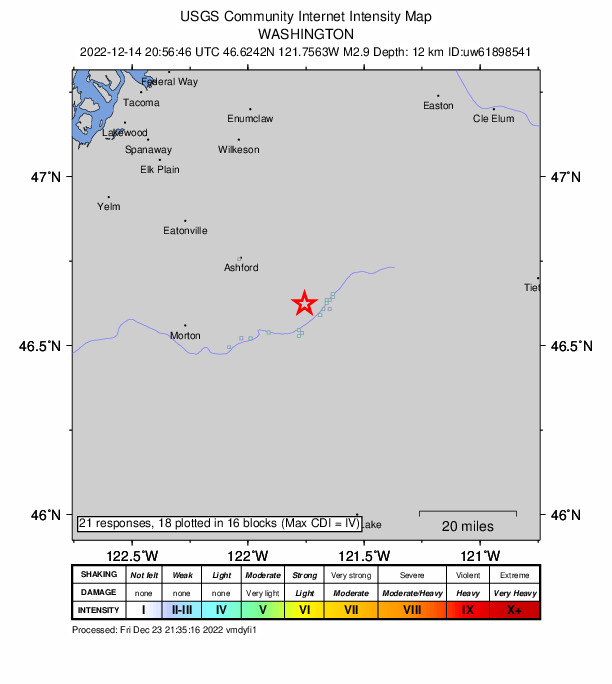 USGS DYFI community-reported intensity map for the M2.9 earthquake near 7 km W of Packwood, Washington