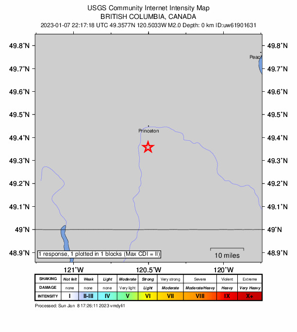 USGS DYFI community-reported intensity map for the M2.0 earthquake near 11 km S of Princeton, Canada