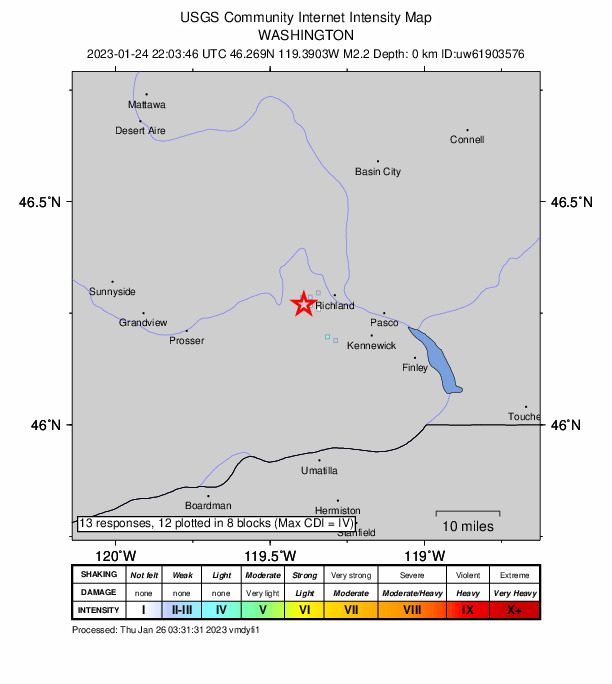 USGS DYFI community-reported intensity map for the M2.2 earthquake near 4 km SSW of West Richland, Washington