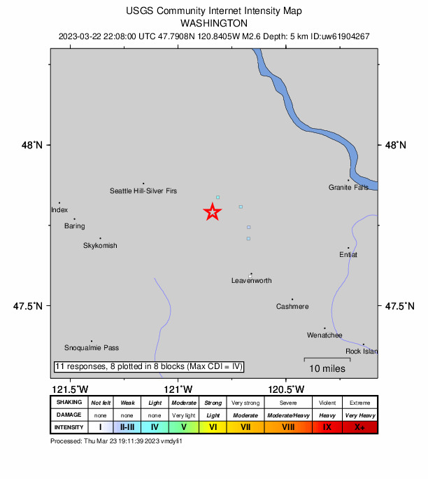USGS DYFI community-reported intensity map for the M2.6 earthquake near 26 km NW of Leavenworth, Washington