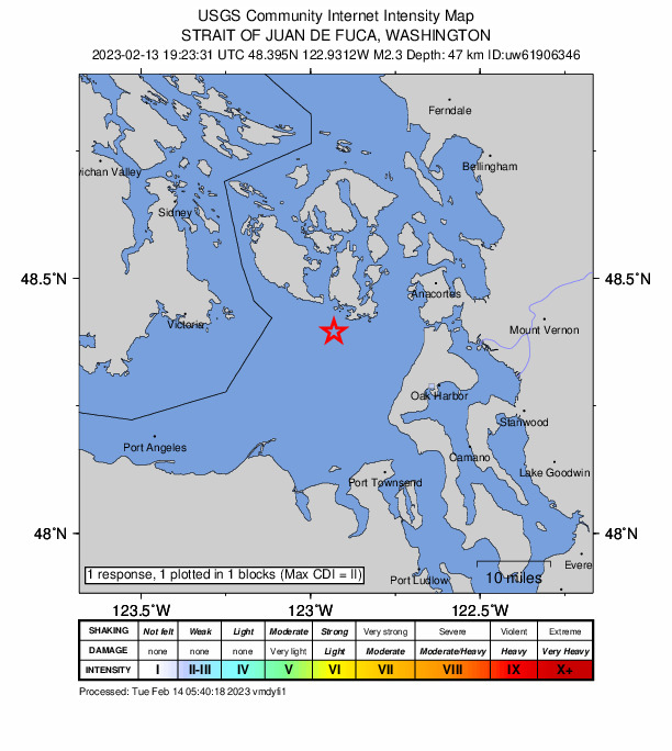 USGS DYFI community-reported intensity map for the M2.3 earthquake near 16 km SSE of Friday Harbor, Washington