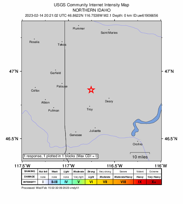 USGS DYFI community-reported intensity map for the M2.1 earthquake near Northern Idaho