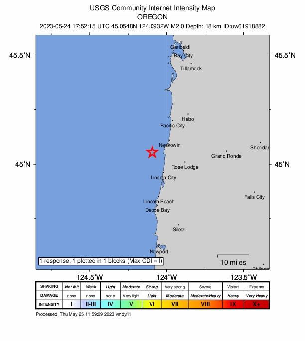 USGS DYFI community-reported intensity map for the M2.1 earthquake near 12 km WSW of Neskowin, Oregon