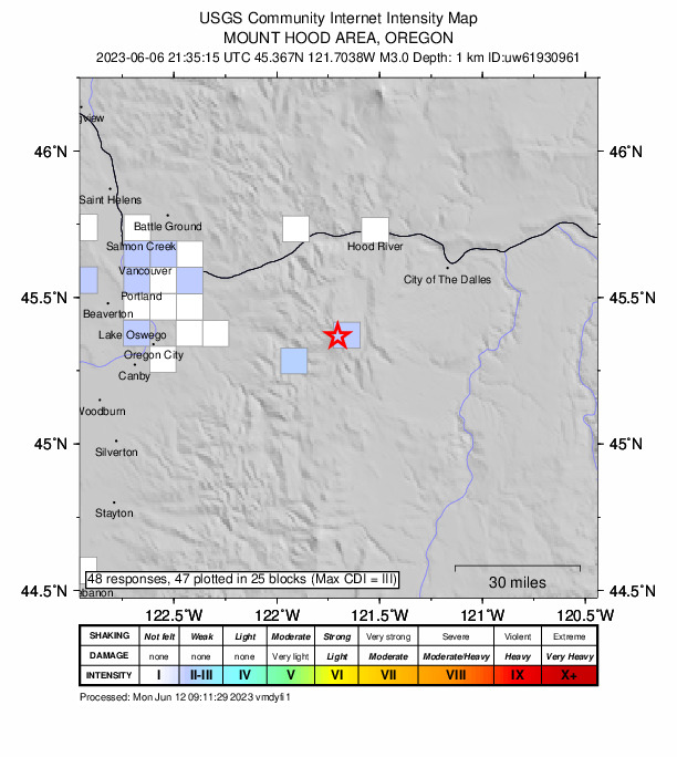 USGS DYFI community-reported intensity map for the M3.0 earthquake near 8 km NNE of Government Camp, Oregon