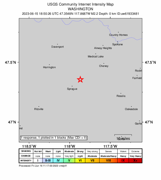 USGS DYFI community-reported intensity map for the M2.2 earthquake near 10 km NE of Sprague, Washington