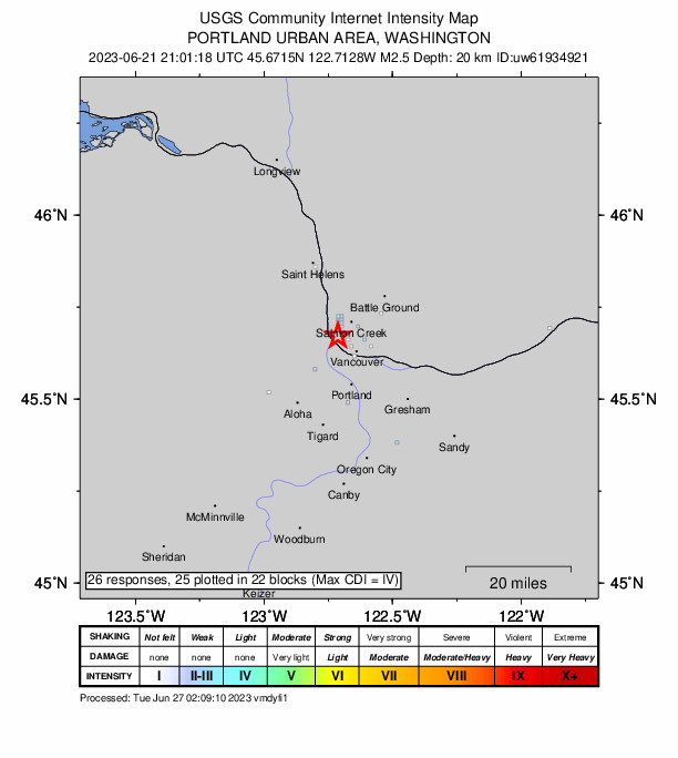 USGS DYFI community-reported intensity map for the M2.5 earthquake near 3 km SW of Lake Shore, Washington