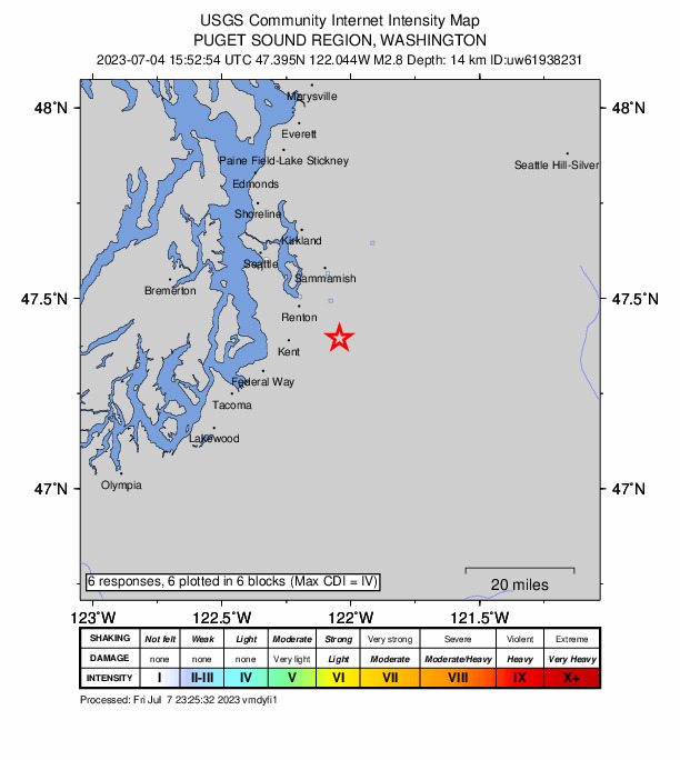 USGS DYFI community-reported intensity map for the M2.7 earthquake near 1 km NW of Maple Valley, Washington