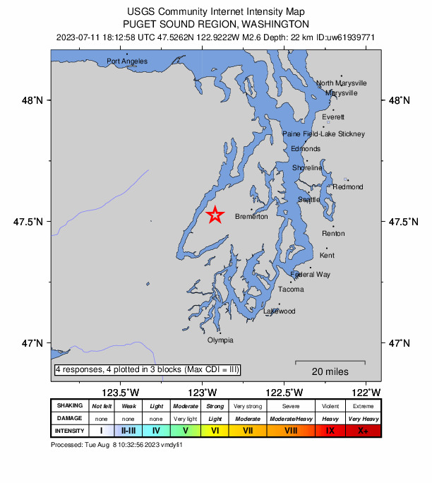 USGS DYFI community-reported intensity map for the M2.4 earthquake near 9 km NW of Belfair, Washington