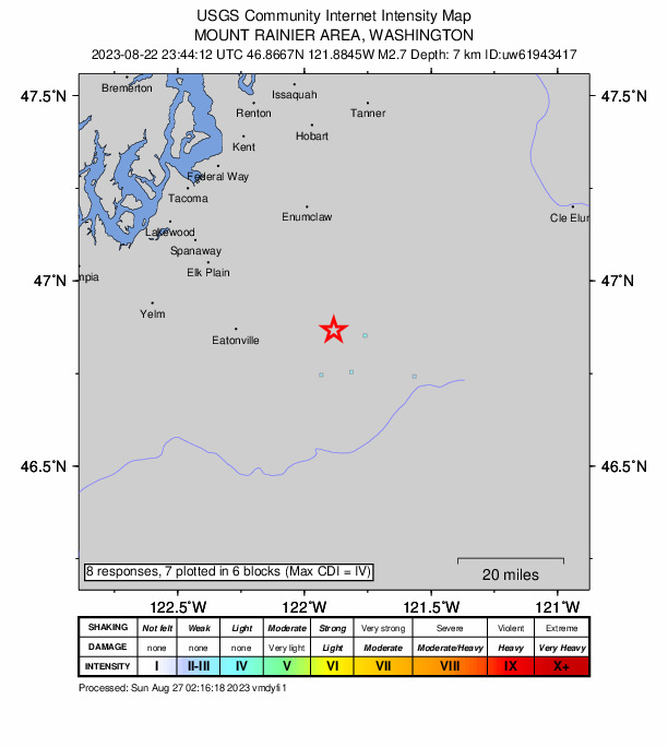 USGS DYFI community-reported intensity map for the M2.7 earthquake near 16 km NE of Ashford, Washington