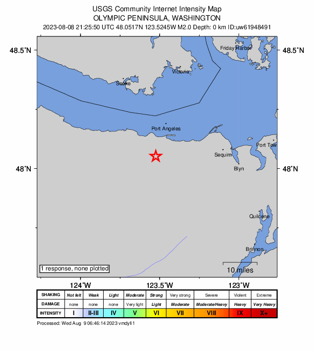 USGS DYFI community-reported intensity map for the M2.0 earthquake near Washington-British Columbia border region