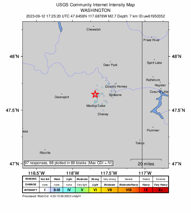 USGS DYFI community-reported intensity map for the M2.7 earthquake near Washington