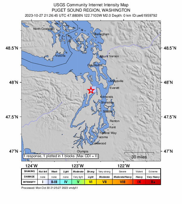 USGS DYFI community-reported intensity map for the M2.0 earthquake near 4 km SW of Port Ludlow, Washington