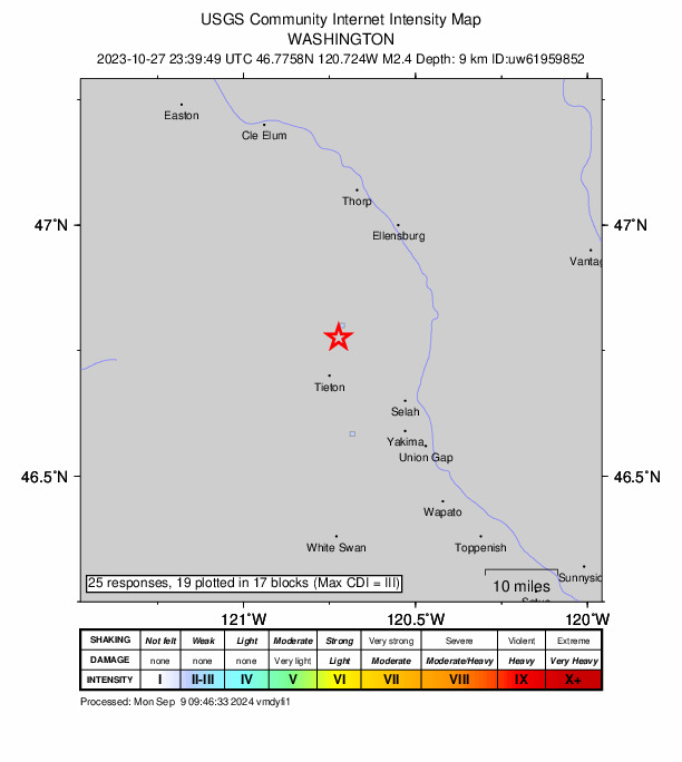 USGS DYFI community-reported intensity map for the M2.6 earthquake near 5 km NNW of Naches, Washington