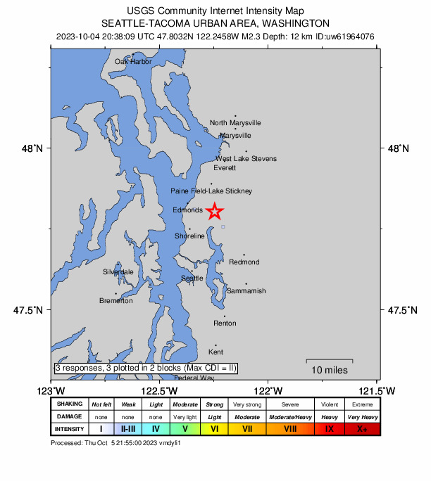 USGS DYFI community-reported intensity map for the M2.3 earthquake near 0 km WSW of Bothell West, Washington