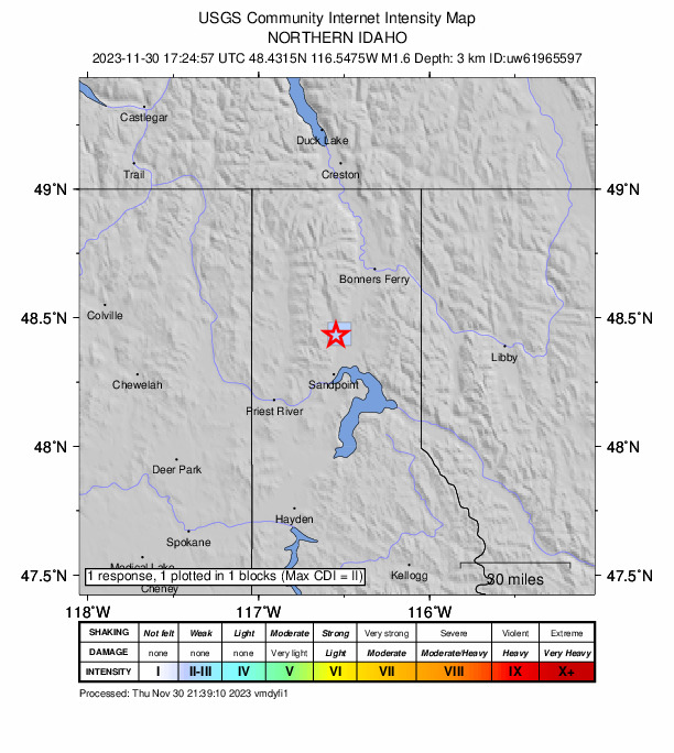 USGS DYFI community-reported intensity map for the M2.0 earthquake near 8 km NNW of Kootenai, Idaho