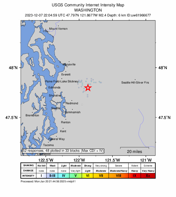 USGS DYFI community-reported intensity map for the M2.4 earthquake near 8 km SSW of Sultan, Washington