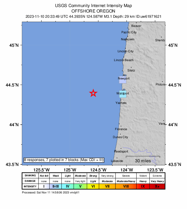 USGS DYFI community-reported intensity map for the M3.1 earthquake near 39 km WNW of Yachats, Oregon