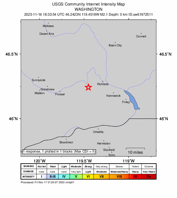 USGS DYFI community-reported intensity map for the M2.1 earthquake near 4 km SE of Benton City, Washington
