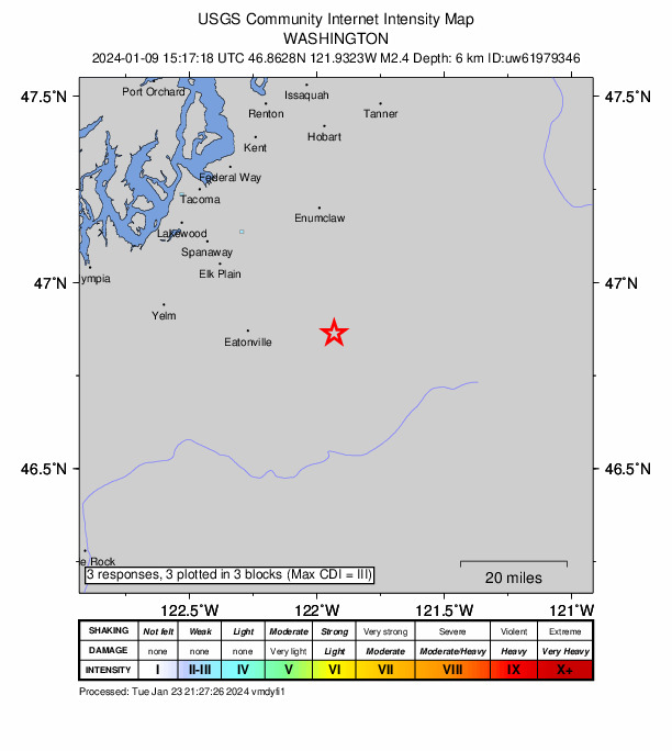 USGS DYFI community-reported intensity map for the M2.4 earthquake near 13 km NNE of Ashford, Washington