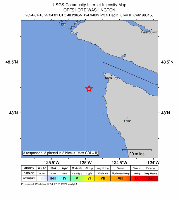 USGS DYFI community-reported intensity map for the M2.9 earthquake near 26 km WSW of Neah Bay, Washington
