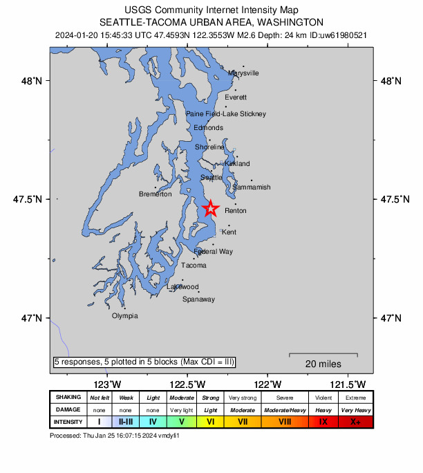 USGS DYFI community-reported intensity map for the M2.6 earthquake near 1 km SSW of Burien, Washington