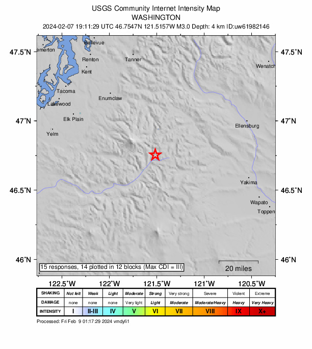 USGS DYFI community-reported intensity map for the M3.1 earthquake near 19 km NE of Packwood, Washington