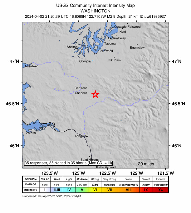 USGS DYFI community-reported intensity map for the M2.9 earthquake near 3 km N of Onalaska, Washington