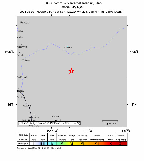 USGS DYFI community-reported intensity map for the M2.5 earthquake near 27 km S of Morton, Washington
