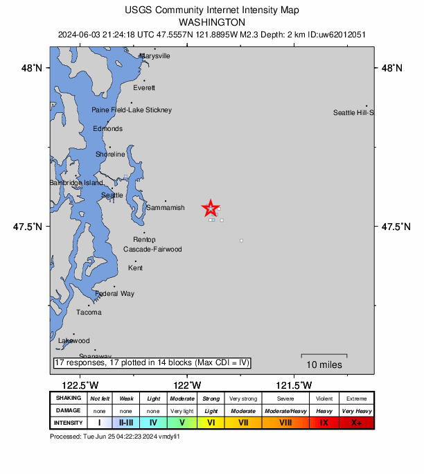 USGS DYFI community-reported intensity map for the M2.3 earthquake near 1 km S of Fall City, Washington