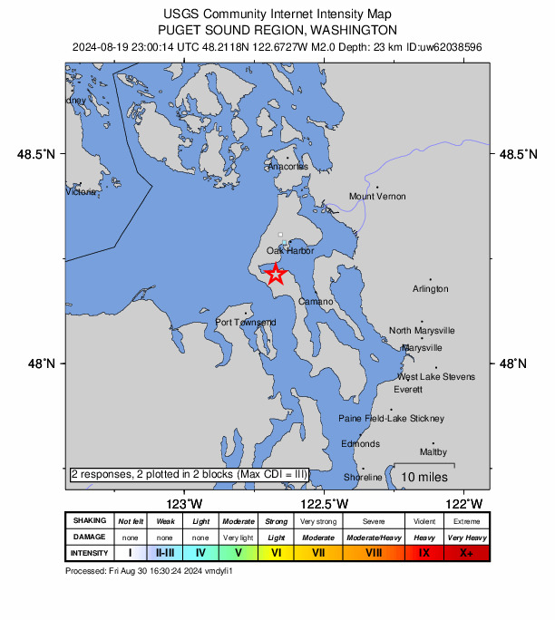 USGS DYFI community-reported intensity map for the M2.0 earthquake near 1 km SE of Coupeville, Washington