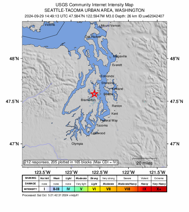 USGS DYFI community-reported intensity map for the M3.0 earthquake near 0 km E of Enetai, Washington