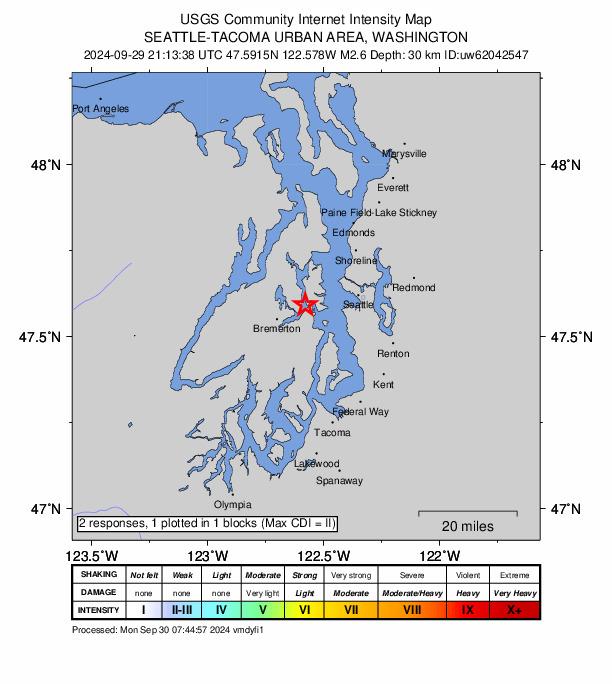 USGS DYFI community-reported intensity map for the M2.6 earthquake near 1 km ENE of Enetai, Washington