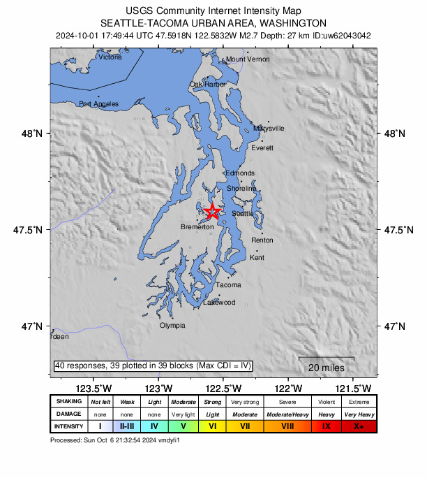 USGS DYFI community-reported intensity map for the M2.7 earthquake near 1 km ENE of Enetai, Washington