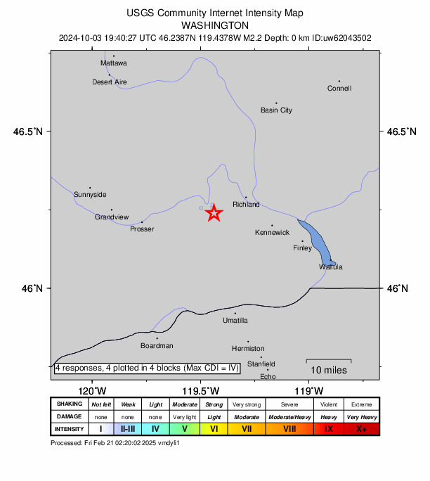 USGS DYFI community-reported intensity map for the M2.2 earthquake near 4 km SE of Benton City, Washington