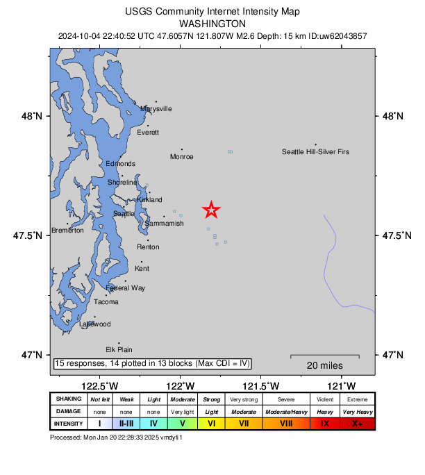 USGS DYFI community-reported intensity map for the M2.6 earthquake near 7 km NE of Fall City, Washington