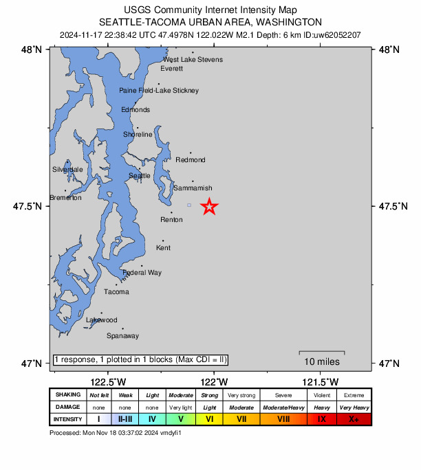 USGS DYFI community-reported intensity map for the M2.1 earthquake near 3 km SSE of Issaquah, Washington