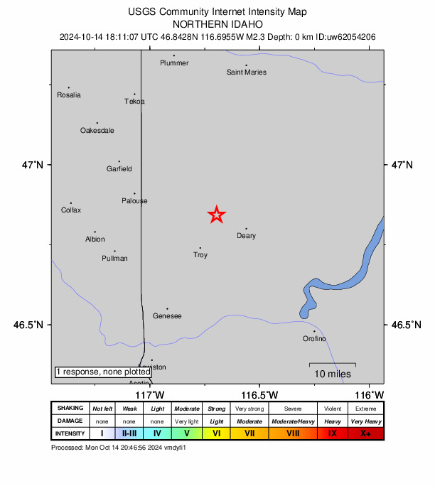 USGS DYFI community-reported intensity map for the M2.3 earthquake near 11 km WNW of Deary, Idaho