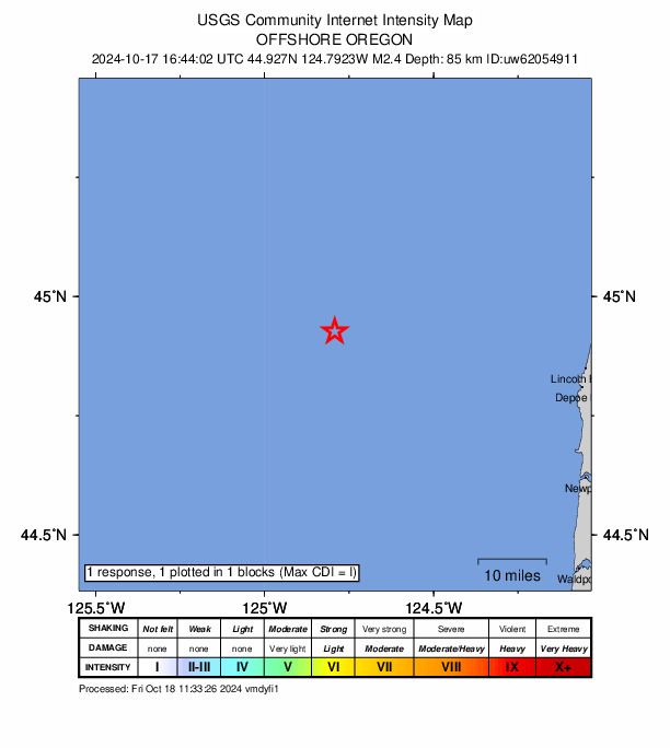 USGS DYFI community-reported intensity map for the M2.4 earthquake near 59 km WNW of Depoe Bay, Oregon
