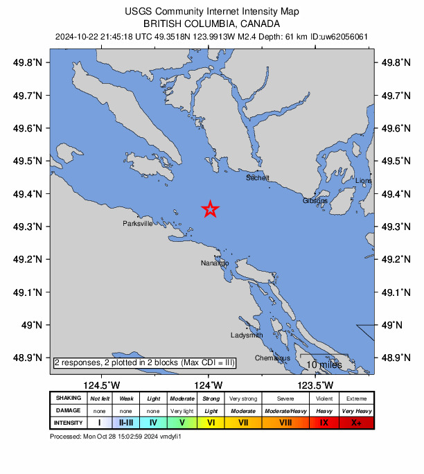 USGS DYFI community-reported intensity map for the M2.4 earthquake near 13 km NE of Fairwinds, Canada