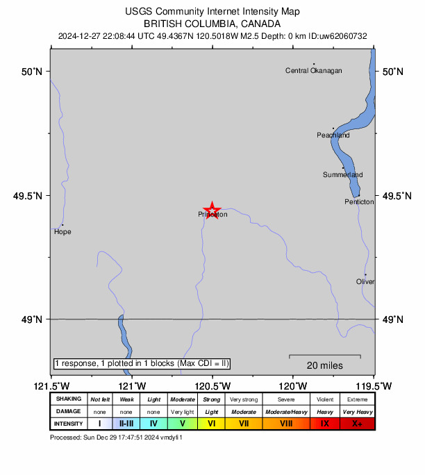 USGS DYFI community-reported intensity map for the M2.5 earthquake near 2 km SSE of Princeton, Canada
