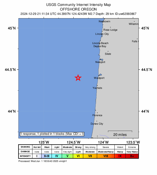 USGS DYFI community-reported intensity map for the M2.7 earthquake near 27 km WNW of Yachats, Oregon