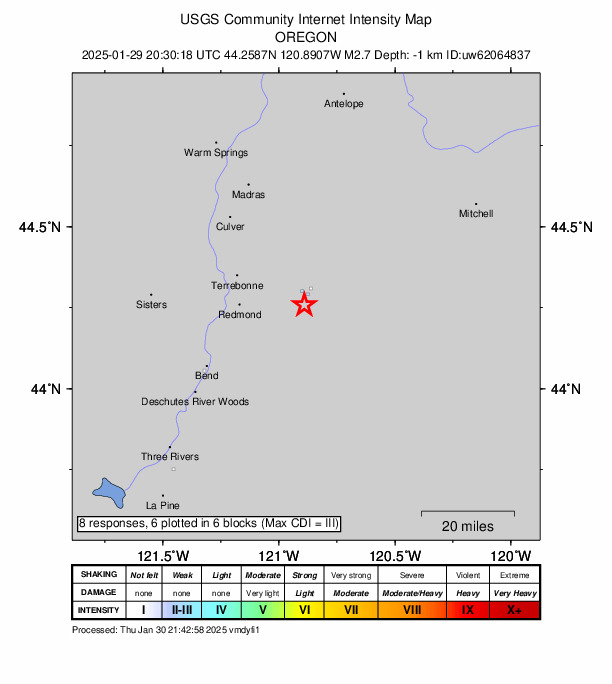 USGS DYFI community-reported intensity map for the M2.7 earthquake near 6 km SW of Prineville, Oregon