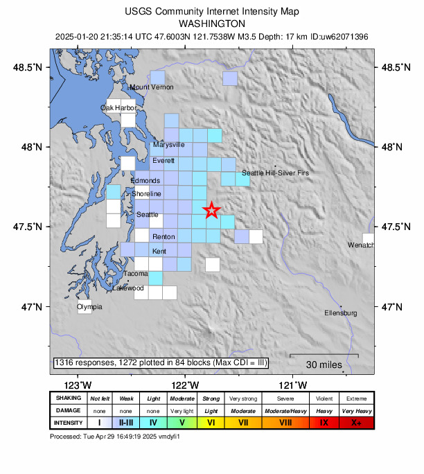 USGS DYFI community-reported intensity map for the M3.5 earthquake near 9 km NE of Snoqualmie, Washington