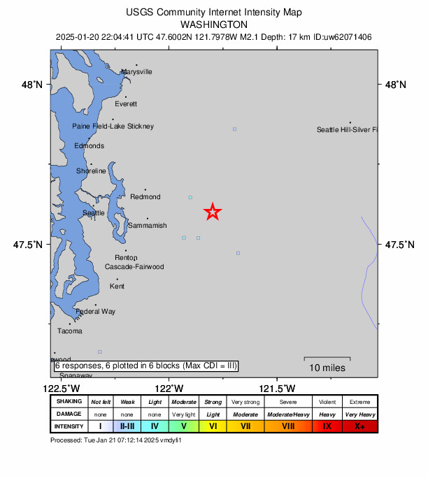USGS DYFI community-reported intensity map for the M2.1 earthquake near 7 km ENE of Fall City, Washington